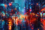 Fototapeta Nowy Jork - A bustling city street at night, illuminated by the soft glow of streetlights and neon signs, with the rain creating a glistening reflection on the wet pavement