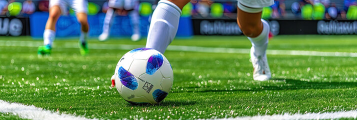 A person kicking a soccer ball on a grassy field