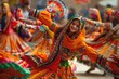 A group of women adorned in bright, vibrant costumes, dancing energetically and gracefully in a cultural celebration. The air is filled with movement and joy