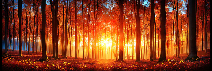 Poster - Sun shining through dense forest, illuminating tree trunks and leaves