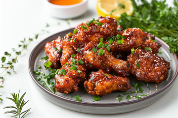 Wall Mural - Spicy korean fried chicken on a plate isolated on a white background.