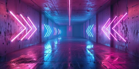 Wall Mural - A long hallway illuminated by neon lights. Suitable for futuristic or urban themes.