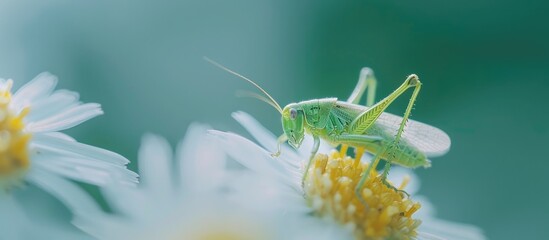 Canvas Print - An arthropod, the green grasshopper, perches on a white flower. This insect, found in natural landscapes, may pose as a pest to terrestrial plants