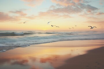 Wall Mural - a peaceful beach at dawn, with gentle waves and seagulls
