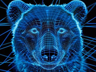 Wall Mural - Close-up of bear's muzzle in grid style. The muzzle of the wild animal is in the center of the image and looks directly at the viewer. Illustration for cover, card, poster, brochure or presentation.