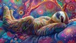 The painting shows a close-up of a full-length sleeping sloth. Resting animal in an unreal cozy environment. Illustration for cover, card, interior design, poster, brochure or presentation.