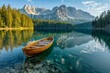 Tranquil Mountain Lake with Moored Wooden Boat at Shoreline.