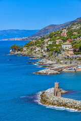 Wall Mural - Scenic view of town of Recco and Ligurian coast, Genoa Province, Italy. 