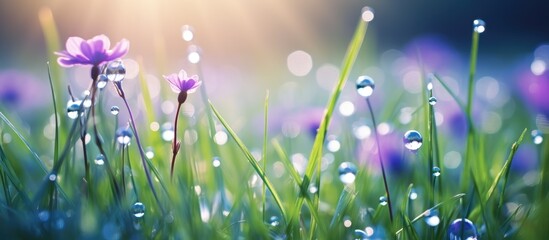 Sticker - The grass is adorned with purple flowers featuring water drops on their petals, creating a beautiful natural landscape for people to enjoy