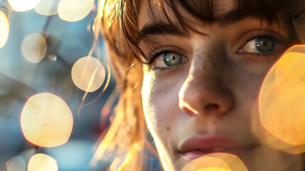 Wall Mural - Intimate Portrait of a Young Woman with Freckles and Bokeh Lights