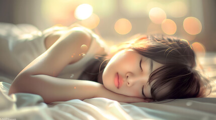 Wall Mural - Peaceful Young Woman Sleeping in Warm Morning Light