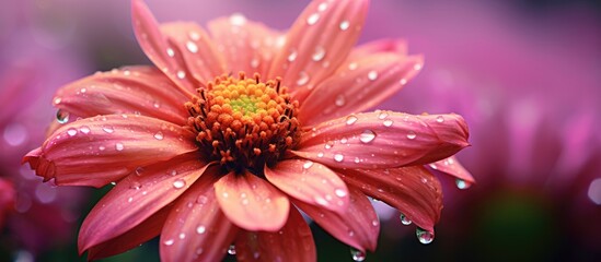 Sticker - A macro photograph of a magenta flower in the daisy family with water drops on its petals, showcasing the delicate beauty of this terrestrial plant