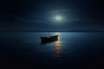 Wall Mural - A lone boat sailing on a calm, dark night sea