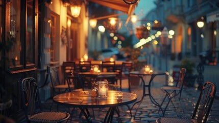 Wall Mural - A picture of a table and chairs set up outside a restaurant at night. Suitable for restaurant and outdoor dining concepts.