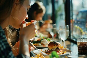 Wall Mural - Woman enjoying fast food at a restaurant, perfect for food industry promotion.