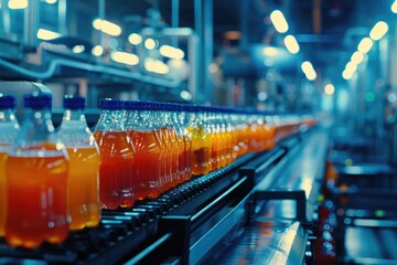 Wall Mural - Bottles of orange juice moving on a conveyor belt. Suitable for food and beverage industry projects.