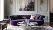 Regal purple velvet embraces this sofa, paired with a marble table, for a touch of royal modernity in classic decor.