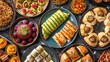 A background image featuring Turkish and Arab dessert foods, showcasing an assortment of Lebanese and Egyptian pastries. 