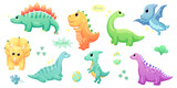 Fototapeta Dinusie - Illustrations of cute dinosaurs for children in different colors: Triceratops, Stegosaurus, Brontosaurus, Pterosaurus, Tyrannosaurus, Brachiosaurus. 