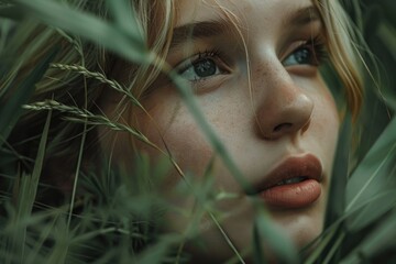 Canvas Print - Close-up of a woman's face in tall grass, perfect for nature-themed designs.