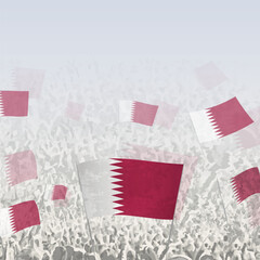 Wall Mural - Crowd of people waving flag of Qatar square graphic for social media and news.