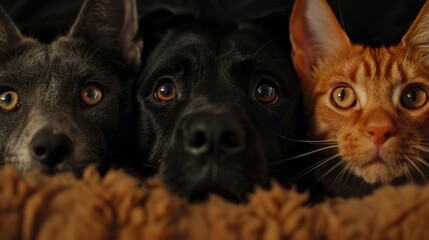 Sticker - Group of three cats and a dog staring directly at the camera. Suitable for pet-related projects.