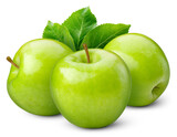 Fototapeta  - Green apple transparent PNG. Green apples and green leaves isolated on transparent or white background. Three green apples with leaves isolate.