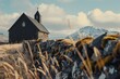 A serene church surrounded by fields with a majestic mountain in the background. Ideal for religious or nature-themed projects.
