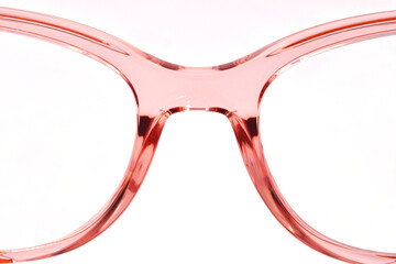 Wall Mural - Close up view of a pair of pink transparent glasses isolated on a white background.