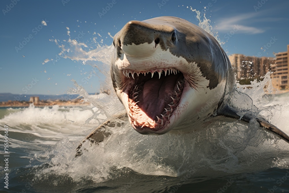 A plus four meter great white shark jumping out of the water with an ...