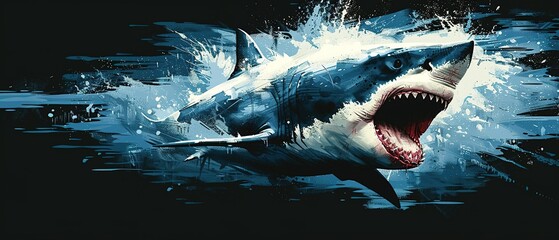 Wall Mural - Great white shark with open mouth with a splash of water. Watch out sharks. Shark attack.