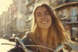 © Fotograf - Woman riding a bike down a city street, suitable for urban lifestyle concepts.