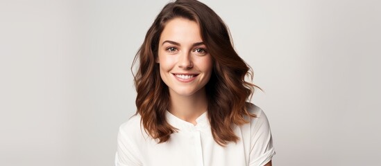 Poster - A woman with long, layered brown hair wearing a white shirt smiles happily at an event, her eyelashes fluttering as she gestures with her jaw