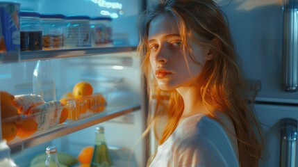 Poster - A woman standing in front of an open refrigerator. Perfect for food and lifestyle concepts.