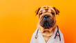 © Evgeniya - World Veterinary Day. Sharpie dog with a stethoscope and glasses dressed as a vet isolated on yellow background with place for text. A cute dog at a veterinary clinic. The concept of pet care.