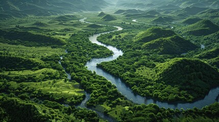 Poster - A picturesque river flowing through a vibrant green valley. Suitable for nature and landscape themes.