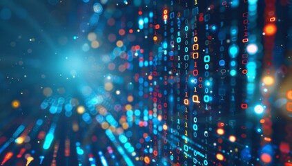 Blue binary code background with bokeh effect digital data and information technology concept Generative AI