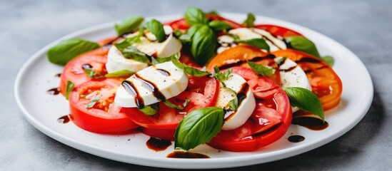 Canvas Print - A classic caprese salad made with fresh produce like tomatoes, mozzarella, and basil, elegantly arranged on a white plate