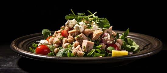 Sticker - A detailed shot of a vibrant salad served on a plate atop a table, showcasing a mix of fresh leafy vegetables and colorful ingredients