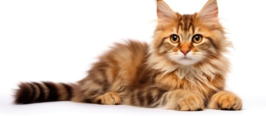 Canvas Print - A domestic shorthaired cat with fluffy fur, whiskers, and a cute paw is lounging on a white surface, staring directly at the camera