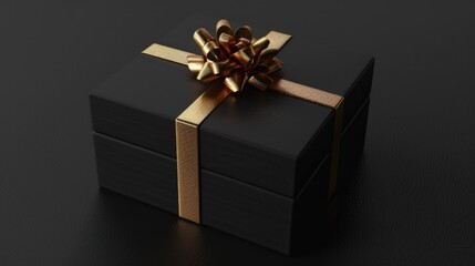 Wall Mural - A black gift box with a shiny gold bow, perfect for holiday and celebration concepts.