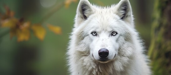 Wall Mural - close up photo white wolf with forest background