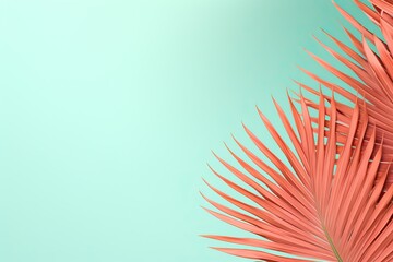 Wall Mural - Coral tropical palm leaves on pastel blue background. Minimal exotic fashion concept. Summer holidays and vacation. Flat lay, top view with copy space