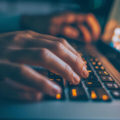 Wall Mural - Detailed View of Fingers Typing on Backlit Laptop Keyboard