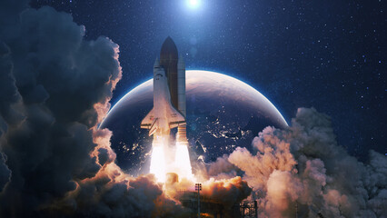 Fototapete - Space rocket lift off into cosmos with smoke and blast on a background of the blue planet earth. Spacecraft flies in space with a starry sky near the planet. Successful start of the mission