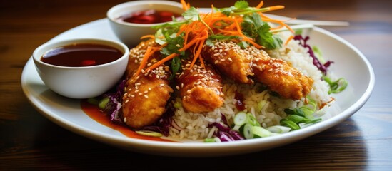 Wall Mural - A delicious plate of food with soy sauce and chopsticks on a wooden table, featuring staple foods like rice and veggies, drizzled with Pekmez and tomato sauce