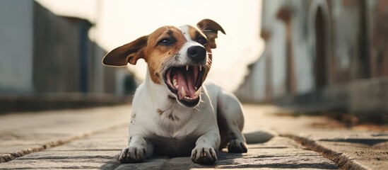 Wall Mural - A brown and white Canidae dog from the Sporting Group breed is laying bored on the sidewalk with its mouth open, showing its snout