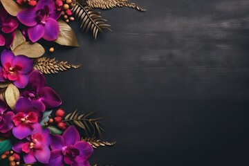 Wall Mural - Frame made of tropical leaves and purple orchid flowers on black background. Minimal exotic fashion concept. Summer holidays and vacation. Design for card, banner, poster with copy space