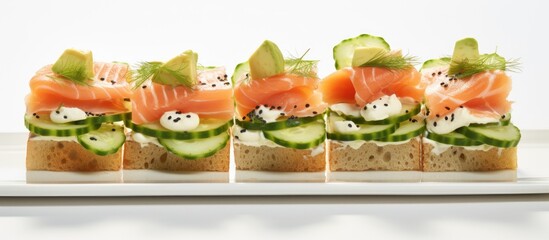 Wall Mural - A rectangular white plate featuring finger food sandwiches with salmon, cucumber, and avocado garnished for an event. BoatShaped ingredients baked for a delicious cuisine dish