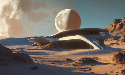 Conceptual architecture of a futuristic building in a desert setting with a moon in the sky